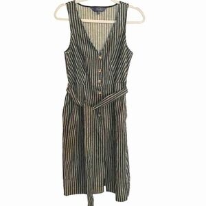 Rachel Roy denim dress size 8US pinstripe belted buttons pockets front slit